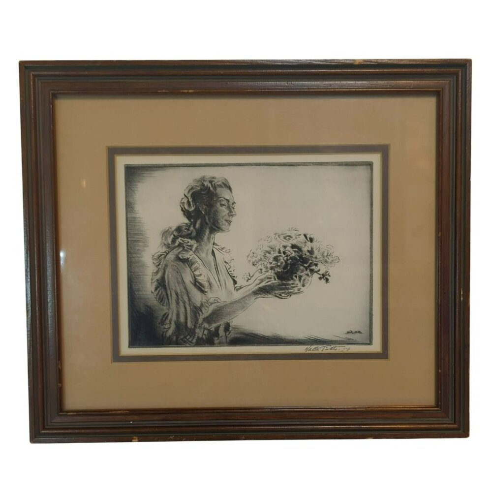 Vintage Blossom Time Drypoint By Walter Tittle In Brown Wooden Matted Frame